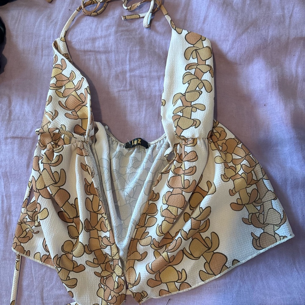 Puakenikeni y2k Halter Top - Cream and Tan
